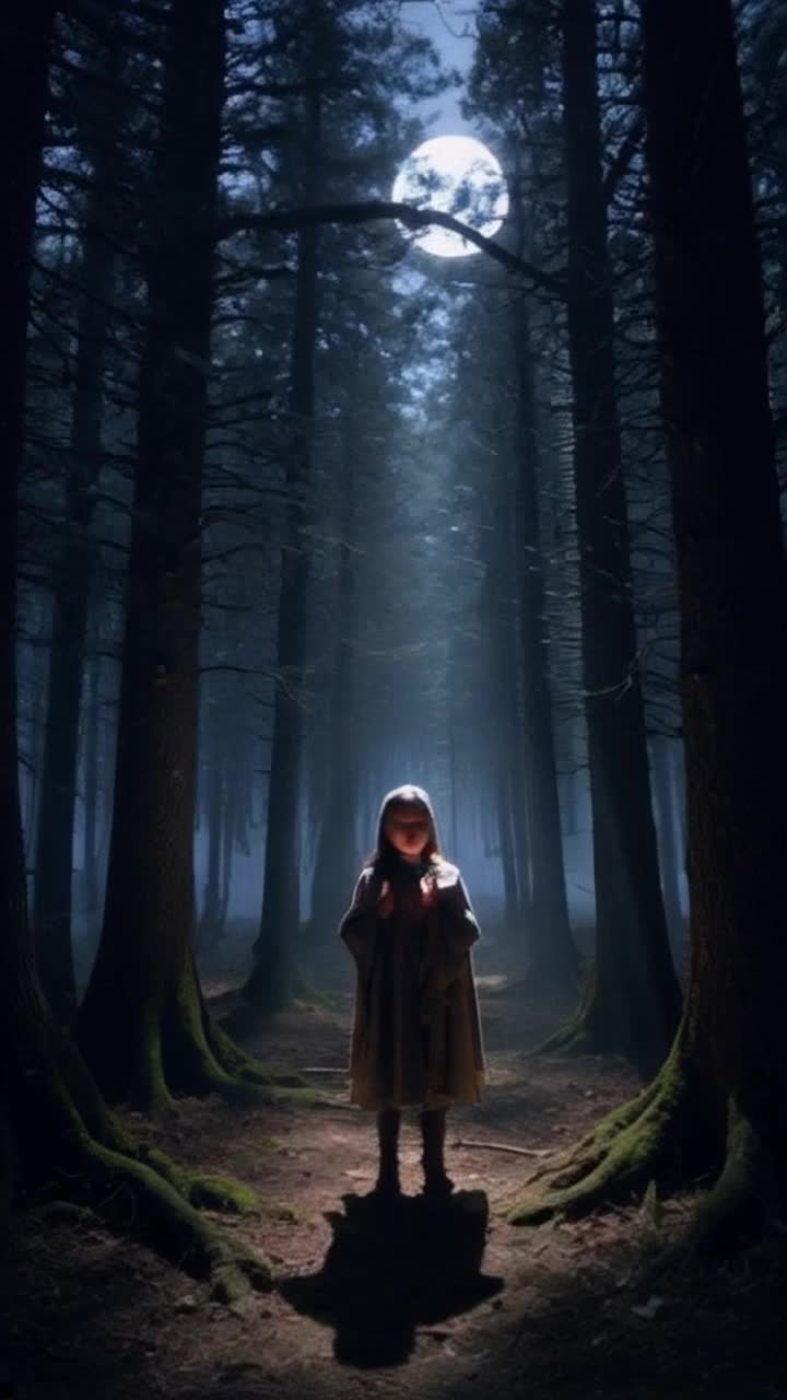 Young girl cloaked in ethereal fabrics whispers to swirling shadows around her glowing softly under a full moon. Whispers rise from her lips causing shadows to flicker and dance in response. Enchanted forest surrounds her cloaked in mystic fog ancient trees loom overhead their branches entwined like skeletal fingers. Silver rays of moonlight pierce through leaves illuminating her delicate features and casting intricate patterns on the forest floor. Every word she utters summons long-lost spells weaving a tapestry of light and dark filling the night with magical energy. An aura of enchantment envelops the scene inviting wonder and mystery