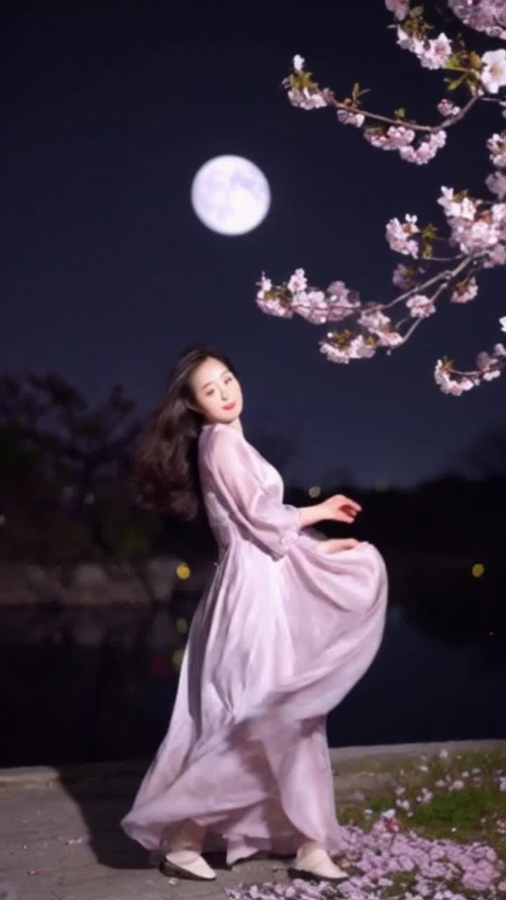 Graceful girl in flowing silk dress twirls elegantly to soft musicradiating confidenceUnderneath a shimmering moonlight skysurrounded by blooming cherry blossoms gently swaying in the night breezeAs petals drift softly down creating a magical atmosphere