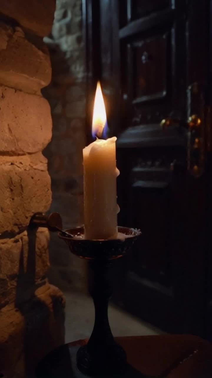 A candle drips hot wax out of its holder in a gothic dark entryway, though sun comes through the windows from outside