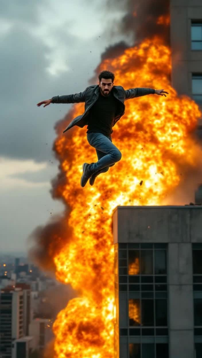 An arab guy jumps on a building and makes it explode