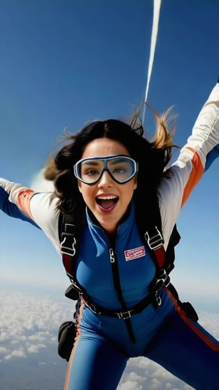 Graceful woman with flowing hair adorned in vibrant jumpsuit plunging through pristine sky behind her vast endless blue ocean reflecting sunlight sparkling below Wind billowing around her as she glides effortlessly through fluffy white clouds surrounded by an endless horizon that inspires freedom and exhilaration Radiant smile illuminating her face showcasing pure joy and adventure in flight