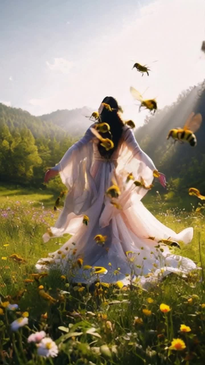 A majestic figure cloaked in flowing fabrics surrounded by shimmering golden bees swirling in harmony Raising hands gracefully summoning a vibrant swarm to dance through the air Sunlight filtering through lush green leaves illuminates a tranquil meadow bursting with colorful wildflowers Soft wind carries sweet floral scents as the bees create intricate patterns against the deep blue sky