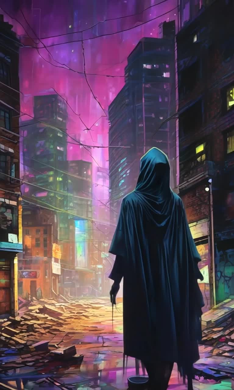 Mysterious cloaked figure darting swiftly through desolate cityscape navigating vibrant chaos of decaying grandeur flickering neon lights against crumbling brick walls pulsating rhythm of forgotten melodies echoing in empty streets shadows dancing in moonlight reflecting off shattered glass skyscrapers looming overhead surreal blend of urban decay and electric life bursting with hidden stories waiting to be uncovered