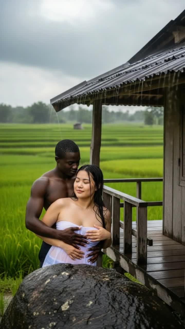 heavy rain, man massages womans chest