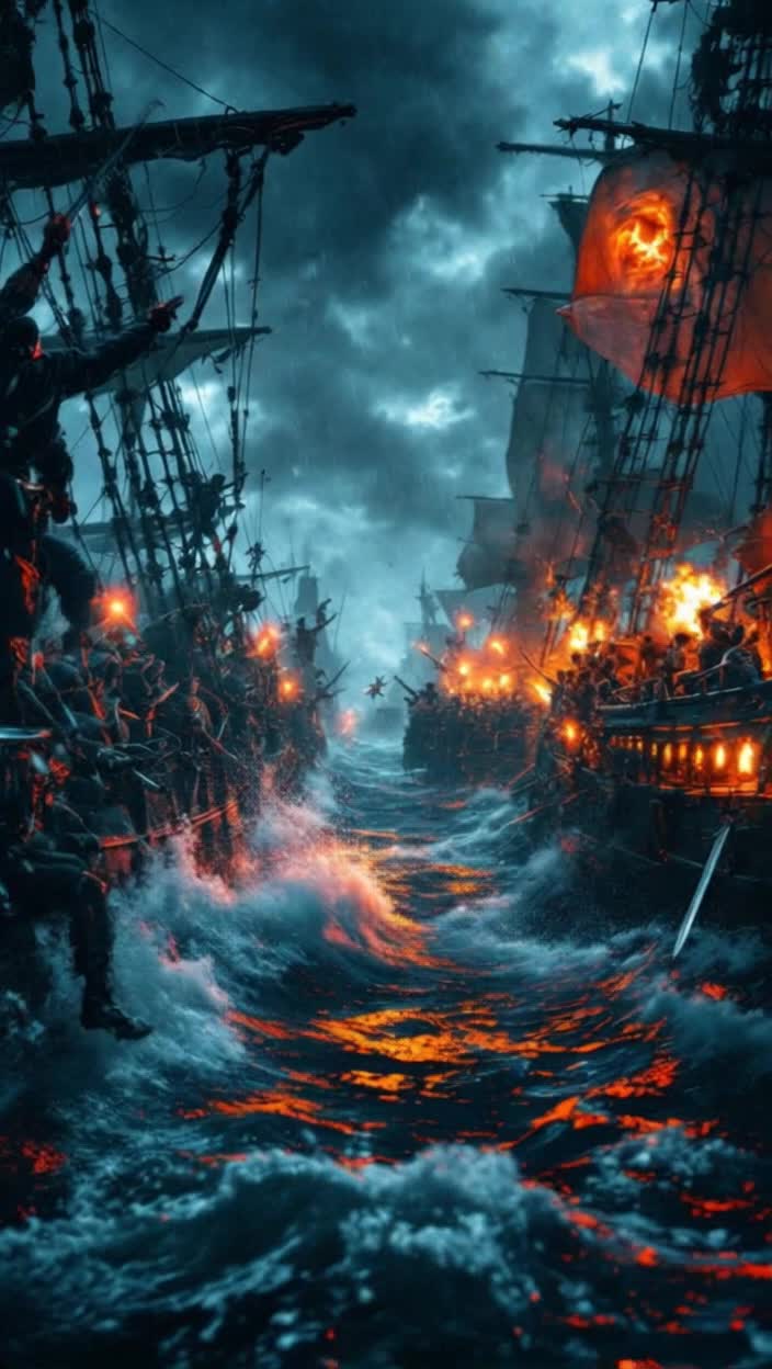 An intense pirate boarding scene at sea two ships locked side by side under stormy skies, sailors swinging across with grappling hooks, swords clashing, cannon fire flashes, splinters flying, crews boarding onto enemy deck  dramatic lighting, gritty texture, dynamic camera motions, closeups on faces, chaos and heroism, cinematic