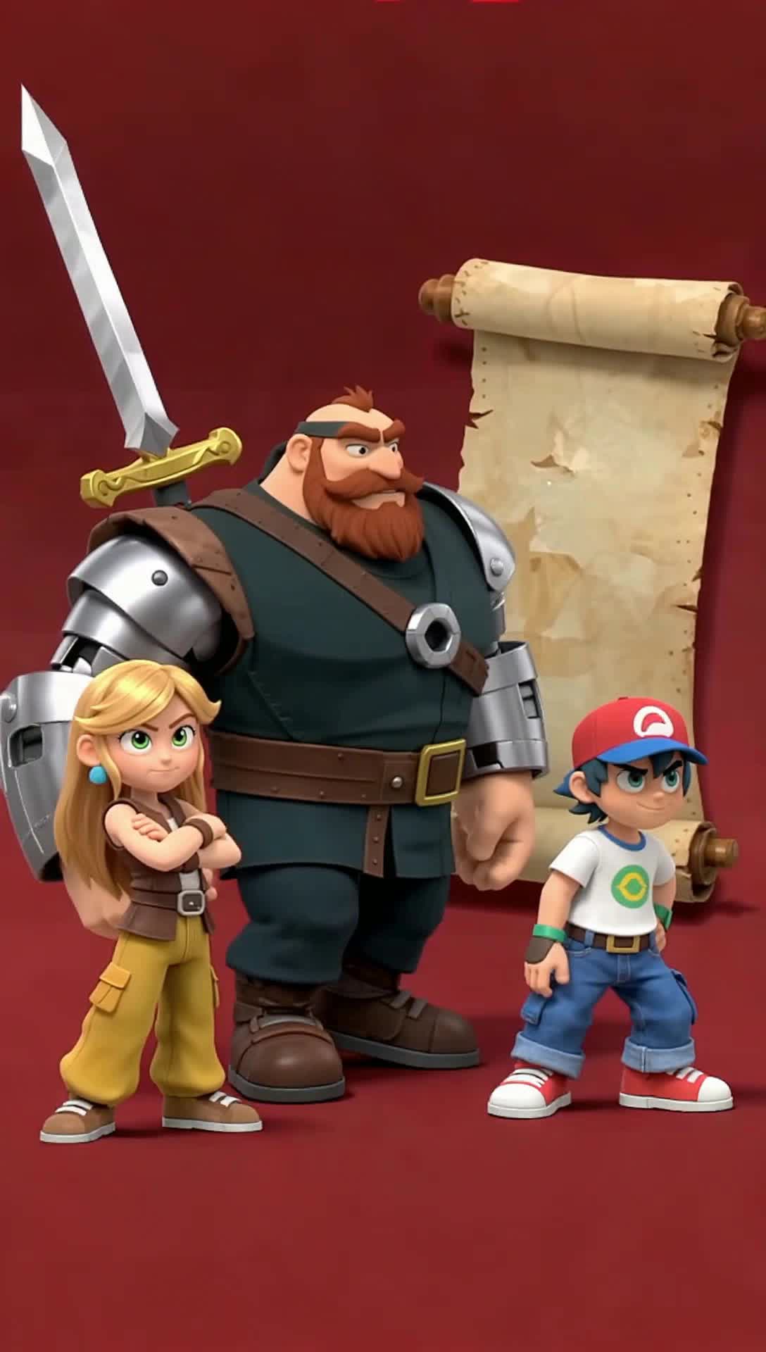 Three dynamic cartoon characters burst onto the scene revealing a towering figure with a massive metal arm and a bushy beard posing with determination Next to him an 11yearold girl with blonde hair stands confidently arms crossed wearing a brown vest and vivid yellow pants On the other side a spirited 11yearold boy strikes a heroic pose hand on hip in a white tshirt with a bold red M blue jeans and a lively red cap Above them a colossal sword and ancient scroll hover dramatically against a striking red backdrop emblazoned with the logo MIGHTY MAX Vibrant colors radiate bold outlines and dynamic energy propel this highdetail action shot