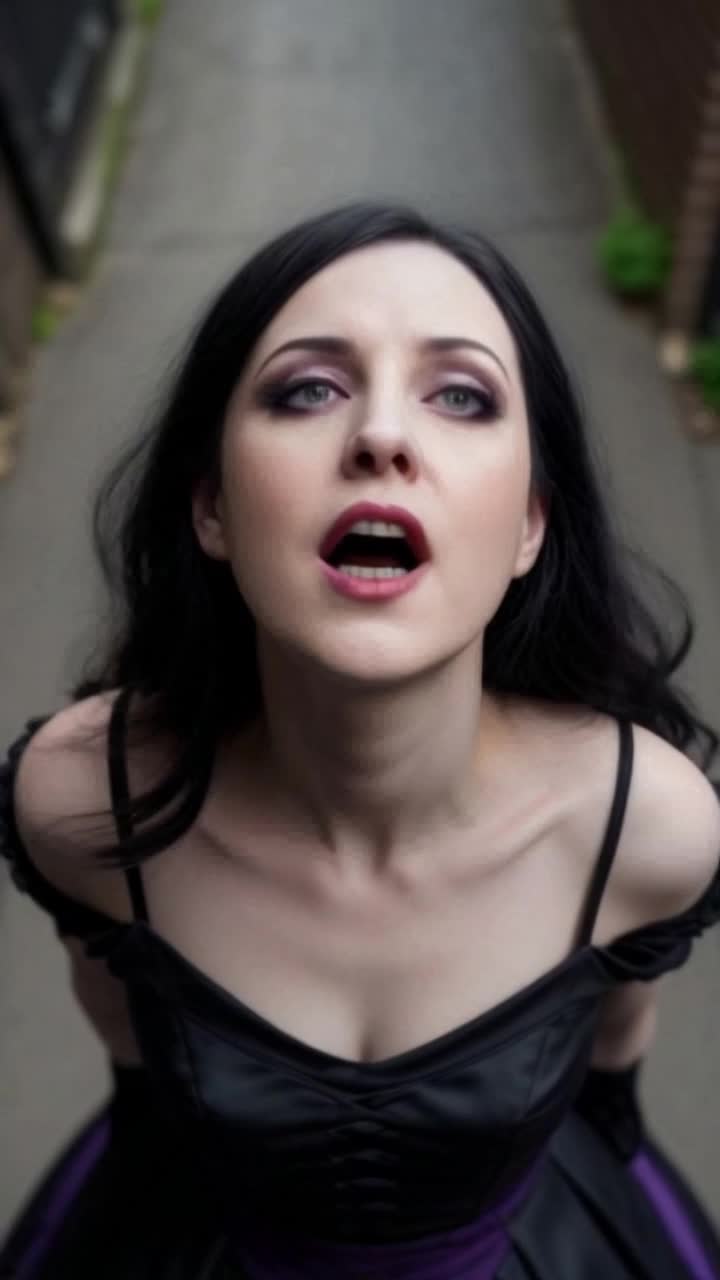 A woman sings passionately in the heart of a metropolis, the camera gradually zooms out, revealing towering skyscrapers and bustling city lights, her figure grows smaller against the vibrant urban panorama, maintaining sharp focus throughout