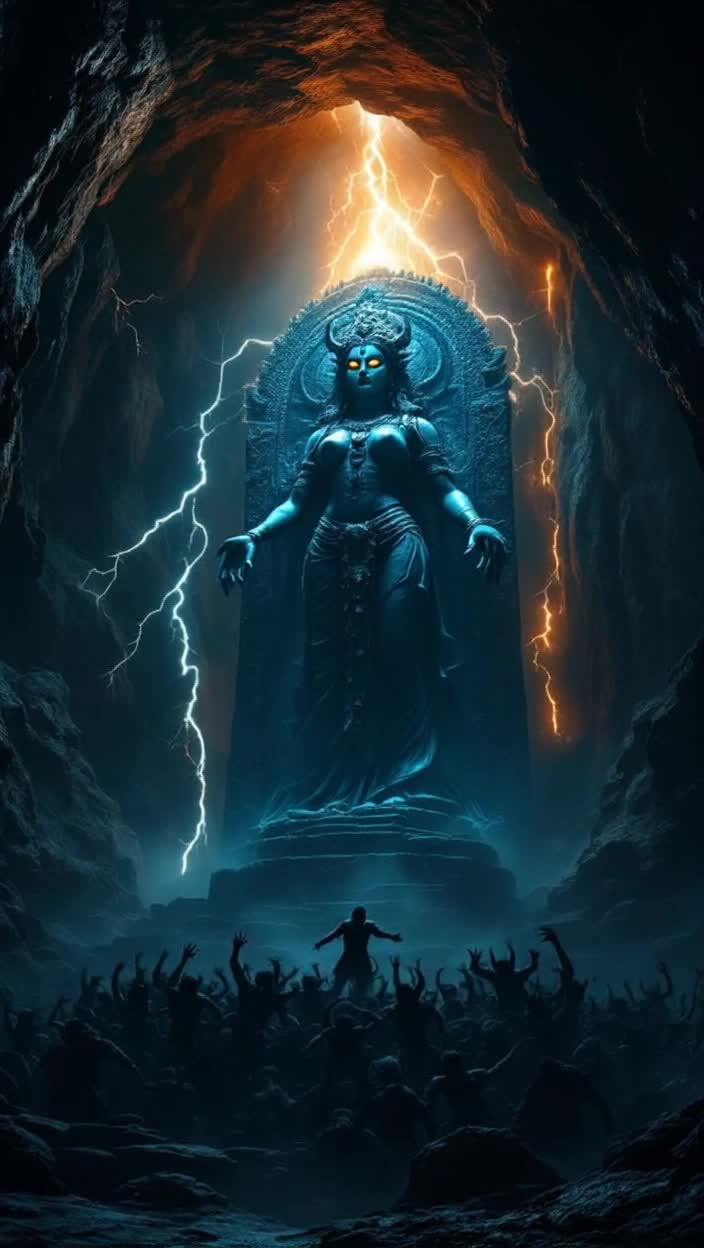 Dark cave illuminated by flickering lightning Terrifying yet serene statue of Maa Kaalratri stands tall Her glowing eyes radiate fiery intensity while her tranquil expression evokes calmness Chaotic thunder echoes outside a legion of menacing demons led by Raktabeej