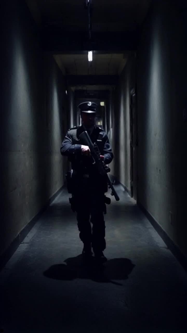 A squid game guard Walking in a dark hallway while holding a AK47