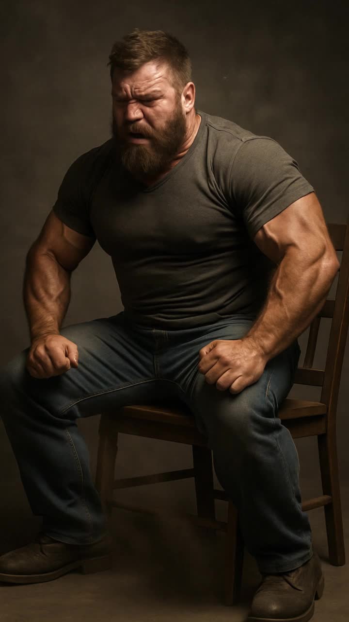 A brute muscle man angrily punches and kicks the air in a fit of rage 