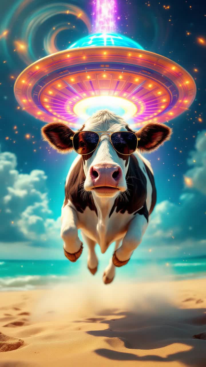 Holstein cow caught mid air in psychedelic tractor beam of flying saucer, clouds of stardust, multicolored lights, cow wearing Ray Ban sunglasses,  Waikiki beach Hawaii,  exciting 