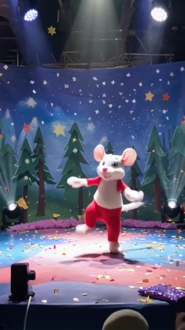 Cheerful cartoon mouse wearing red pants and white gloves twirling gracefully with vibrant energy Leaping across a colorful stage beneath dazzling spotlights illuminating swirling confetti and sparkling streamers Surrounding enchanted forest backdrop with whimsical trees and twinkling stars casting playful shadows on the ground