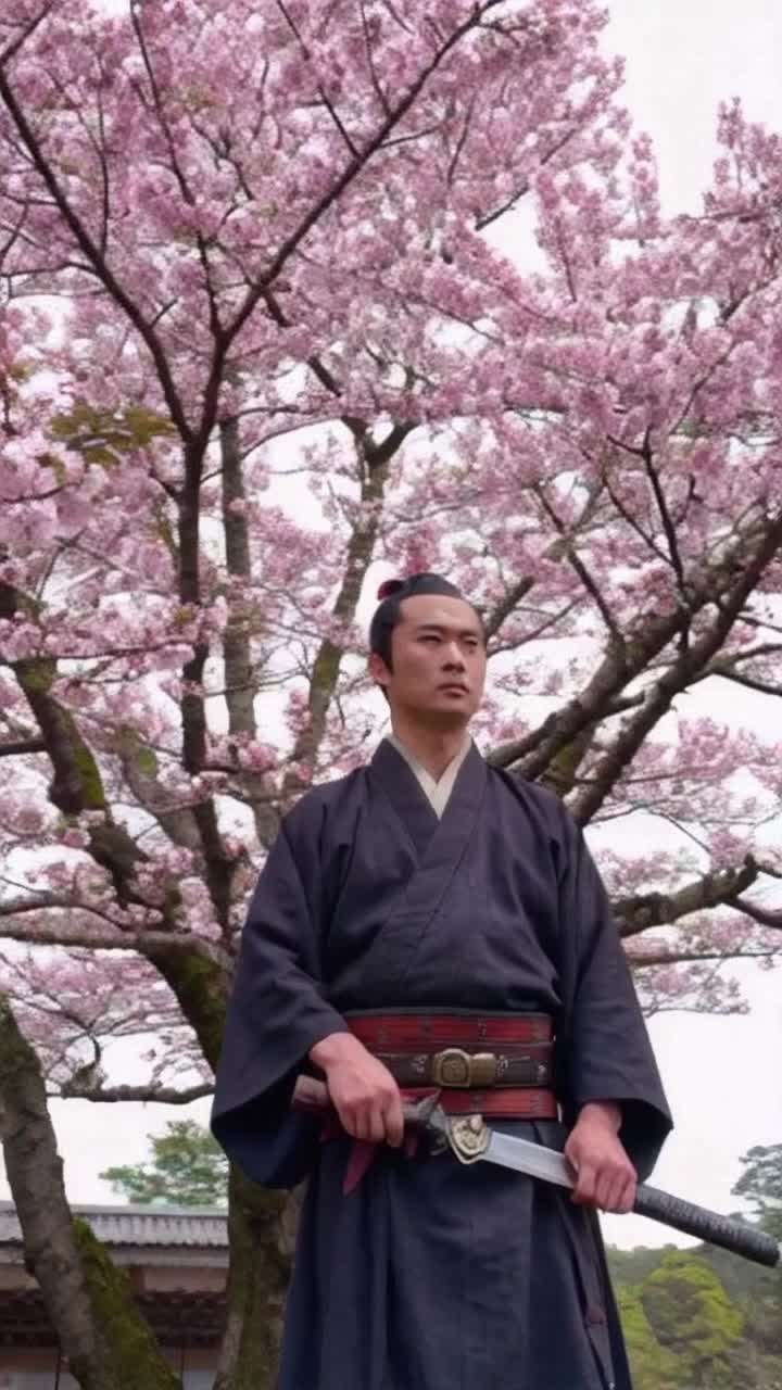 Samurai warrior strong and brave under the cherry blossom tree 