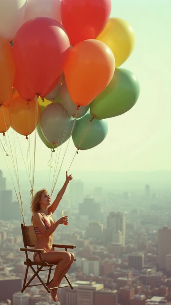 In the warm, grainy style of a 1970s film, a woman enjoys a beverage while seated in a simple lawn chair with a large collection of brightly colored balloons, floating serenely high above a sprawling cityscape the colorful cluster of weather balloons lifts her into the hazy sky, creating a whimsical and surreal spectacle of peaceful defiance against the urban expanse below She gives a cheers motion as she floats by