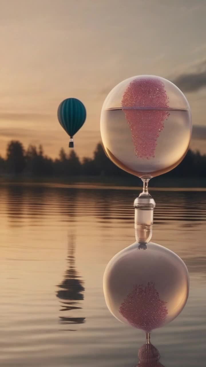 A balloon floating over a still lake with a glass perfume bottle hanging from a string