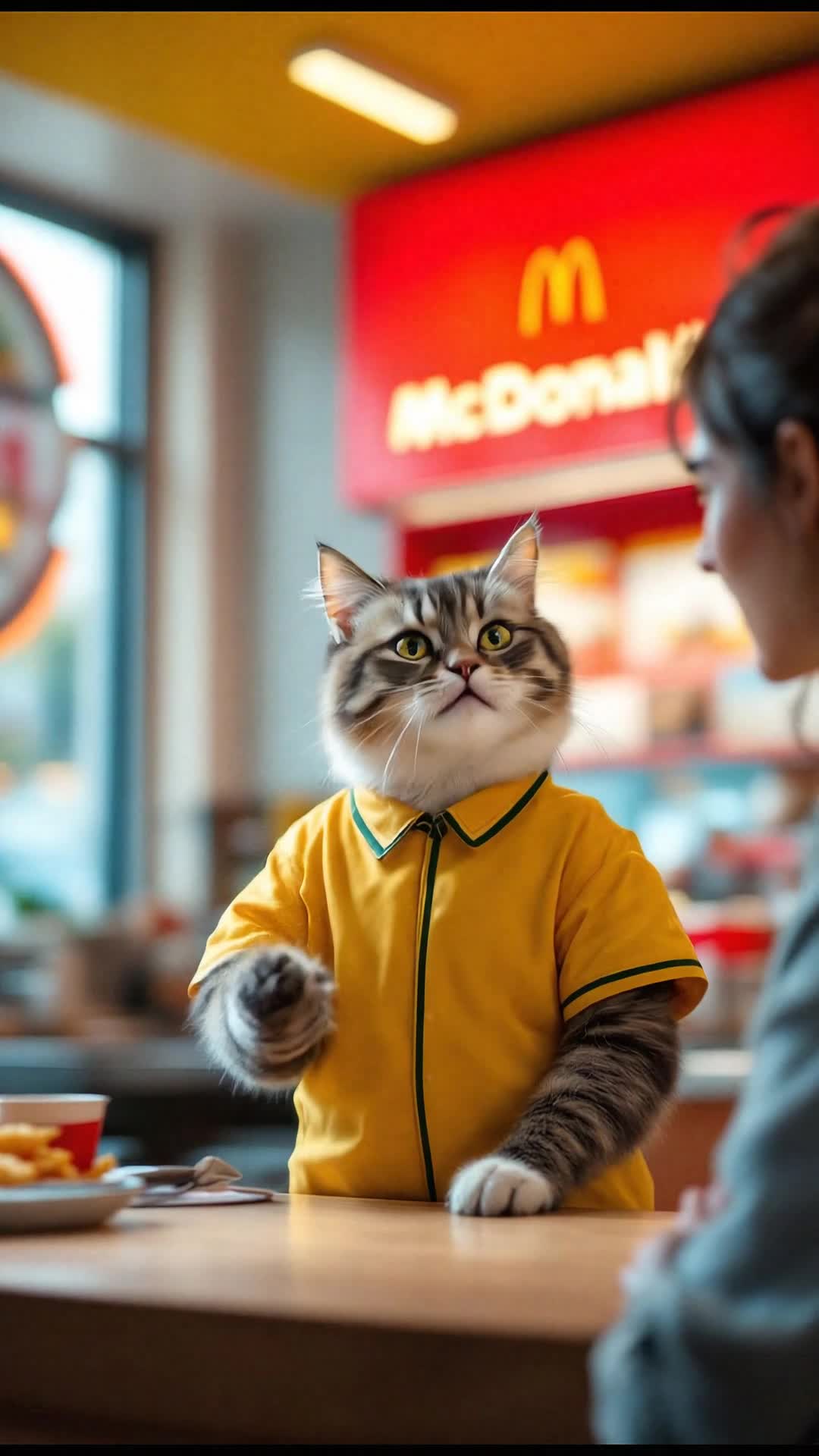 Cat working at McDonalds arguing with a lady about her meal 