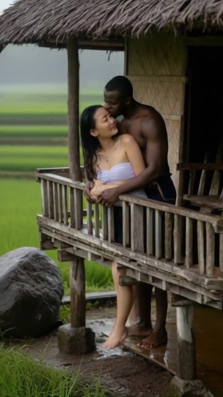 heavy rain, man massages womans chest