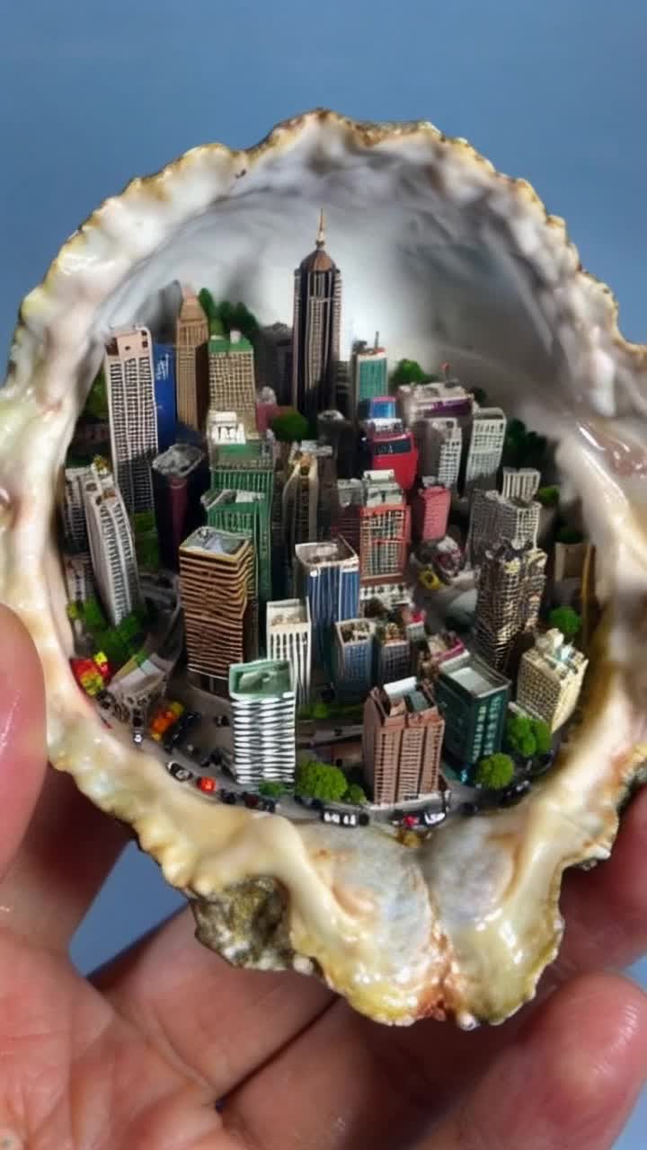 Miniature Mumbai and its busy streets  inside a pear oyester shell