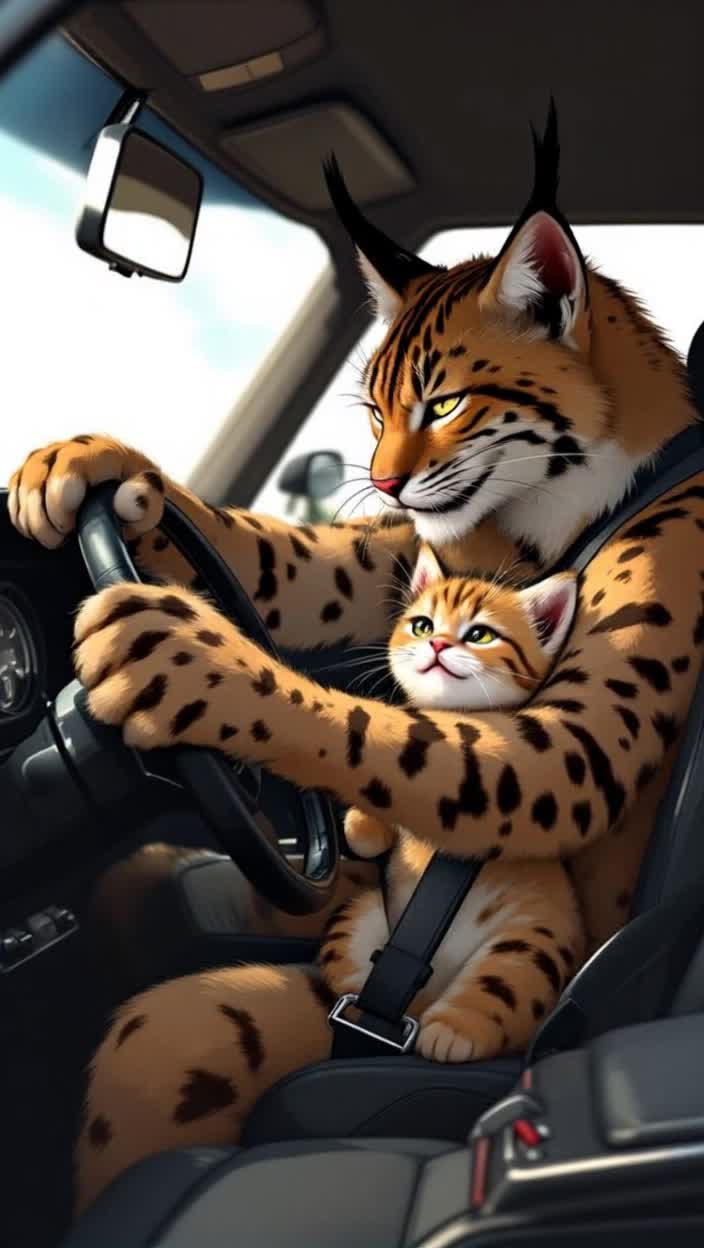 Japanese anime style, A large adult lynx cat drives a shiny black 1970 Ford Mustang, its kitten wants to drive, too, has a big smile stretching its head over the steering wheel as his father pats him on the head, lifts him by his scruff to set him in the back, never taking his eyes off the road The kitten makes a slight annoyed face but buckles up