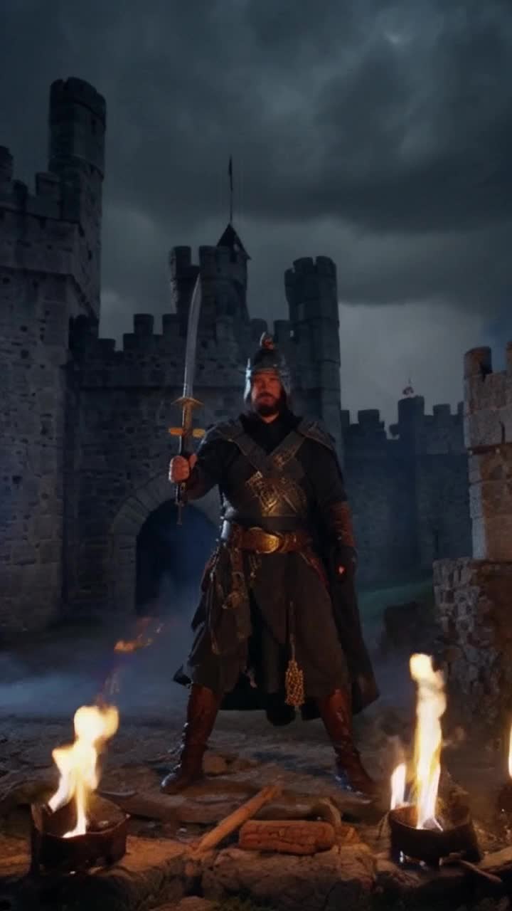 Bold warrior standing tall gripping a gleaming sword surrounded by flickering torches illuminating fierce determination in eyes Rising through shadowy mist fueled by courage ready to face unseen foes Ancient stone castle looms behind whispering tales of past battles echoing in the night air as storm clouds gather overhead igniting tension in atmosphere