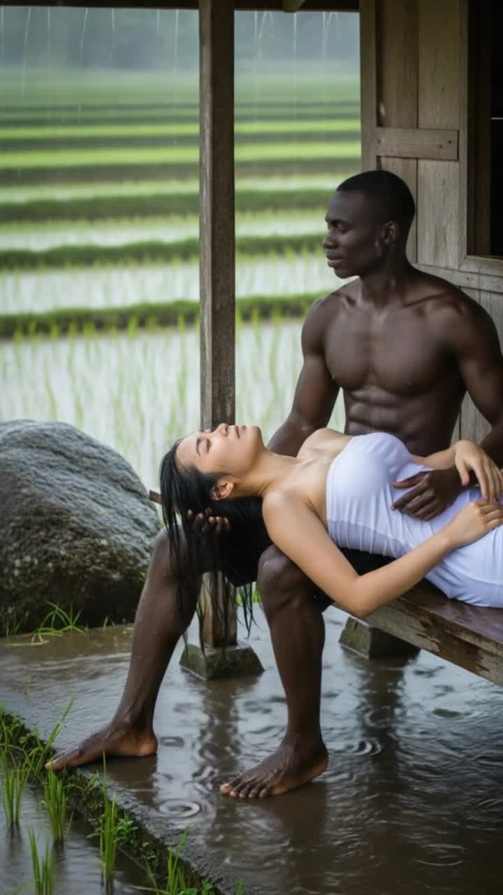 heavy rain, man massages woman