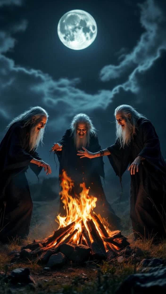 Evil old witches dancing around a bonfire and then open field at night