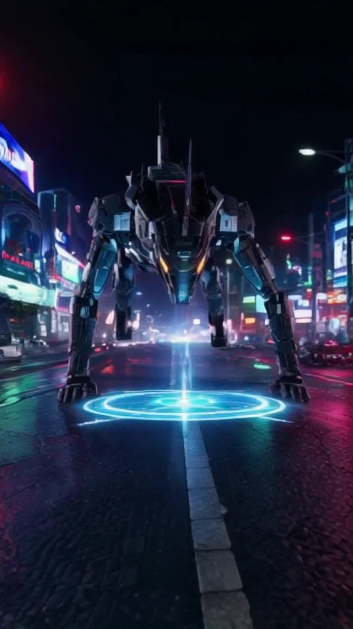 Shimmering metallic predator gliding silently through shadows  
Locking onto elusive holographic target with piercing focus  
Chaotic neon-lit streets erupting with blaring sirens vibrant billboards flickering with life