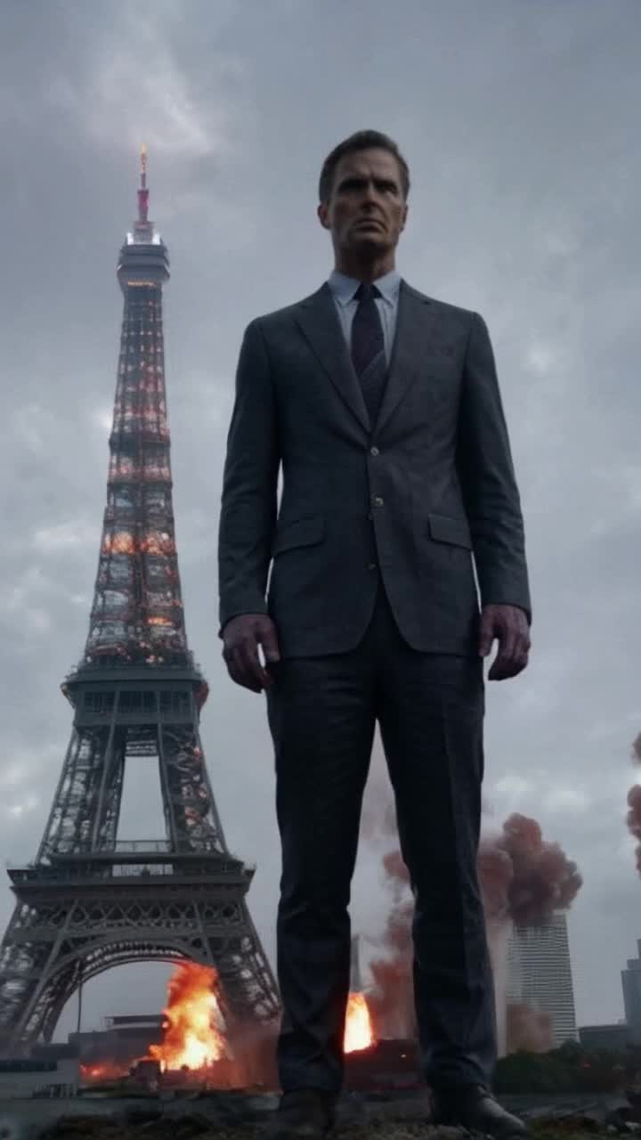A giant human 3000 feet tall in Chicago standing next to the Sears Tower in Chicago in the apocalypse with explosions and fog, hyperdetailed, detailed