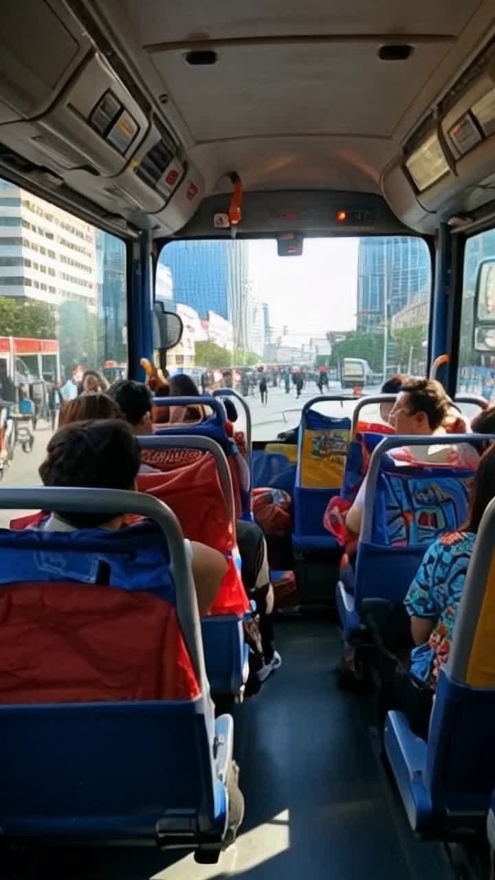 A vibrant city bus adorned with colorful graffiti on its side, passengers inside engaged in animated conversation, colorful fabric backpacks and lively gestures illuminating the scene, sunlight streaming through large windows, creating a warm atmosphere, urban cityscape bustling outside with pedestrians and cyclists weaving between tall buildings, soft sounds of conversations creating a lively backdrop, a musician playing guitar on the sidewalk as the bus pauses at a stop, laughter and excitement shared among friends, tapping feet to the rhythm of the citys heartbeat