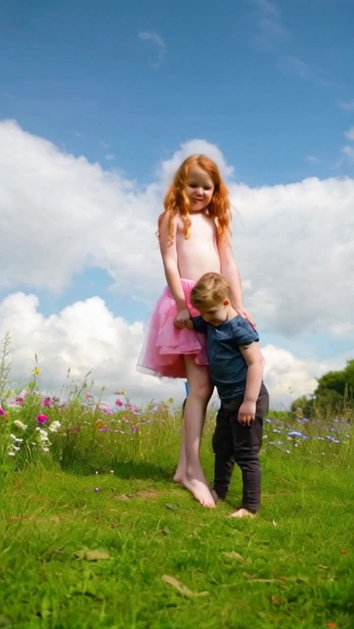 Gingerhaired girl with flowing curls stands tall barefoot towering over a tiny man beneath her delicate foot poised on the ground gentle sunlight illuminating her radiant skin Playful smirk dances on her lips as she playfully teeters on one foot creating a whimsical atmosphere filled with laughter Lush green grass blankets the ground glistening with morning dew vibrant flowers framing the scene like a colorful tapestry Blue sky overhead dotted with fluffy white clouds completes the enchanting landscape showcasing a surreal contrast between size and strength while a gentle breeze rustles through the leaves creating an air of mischief