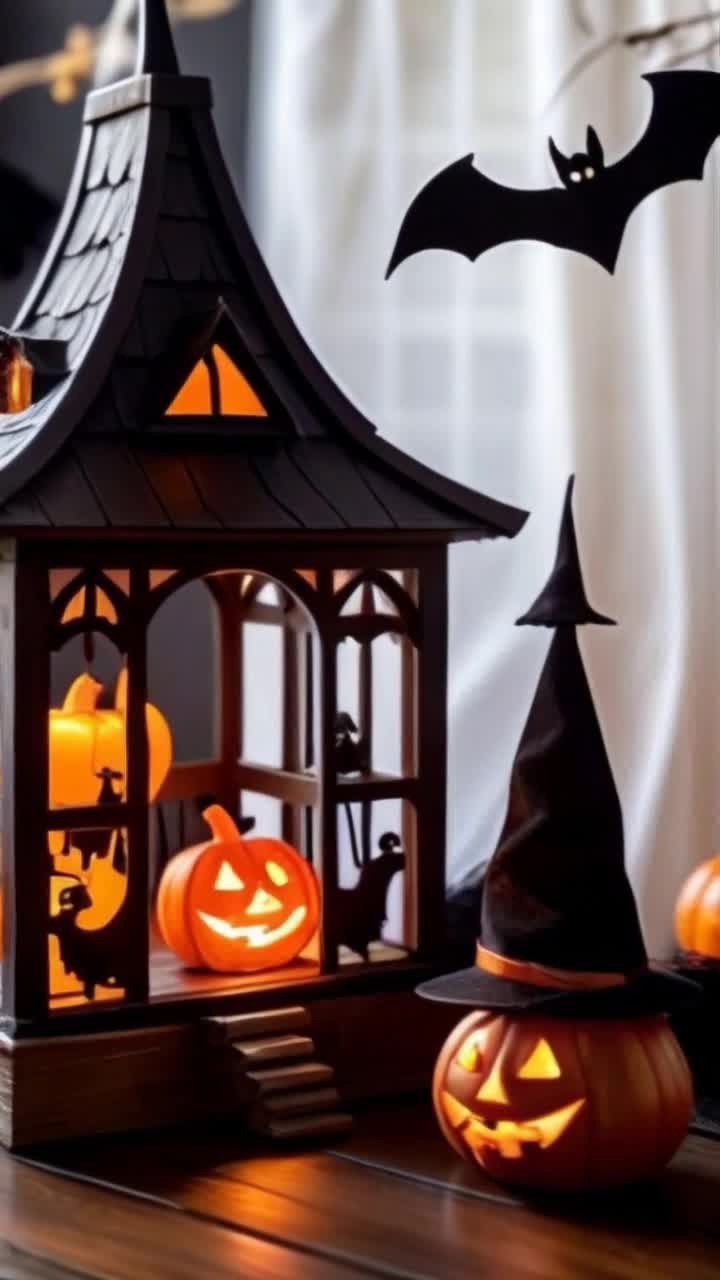 Charming wooden house adorned in hues of black and orange decorated with playful paper cutouts of bats and pumpkins inviting Halloween spirit Inside cozy ambiance filled with a whimsical witchs hat resting atop a broomstick beside a grinning pumpkin flickering softly Several scattered pumpkins enhancing the festive atmosphere Shadows dancing in a mysterious dark room illuminated by moonlight filtering through a lace curtain adding an air of enchantment to the scene Spooky vibes lingering in every corner as Octobers magic unfolds