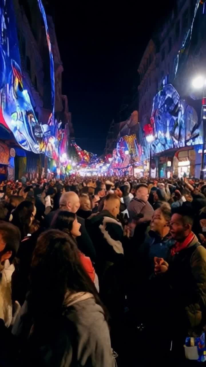 Vibrant crowd of diverse individuals gasping cheering collectively under shimmering murals twisting harmoniously illuminating their dreams bursting with life cascading colors reflecting emotions igniting excitement surrounding urban landscape alive with energy bright streetlights casting shadows on bustling movement evoking a sense of chaos thrill inviting exploration awe inspiring moments unfolding where dreams intertwine with reality through the artistry of expression