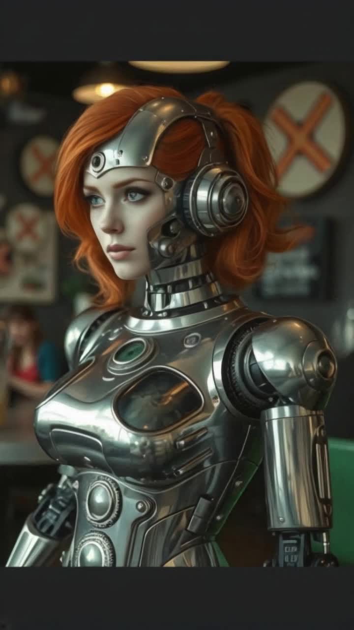 A beautiful red head woman, as a robot, siver metal and working gears visually as her body, she angrily walks, a Tim burton background, she waitresses robotically, at a black and green themed restaurant, serving food as people take advantage of her, shes holding a tray of food