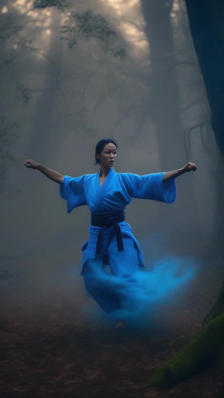 Master martial artist radiating electric blue energy twirling gracefully striking fluidly dodging menacing dark curses swirling around mystical forest illuminated by shimmering lights ancient trees whispering secrets shadows dancing ethereal fog enveloping ground enchantment in the air