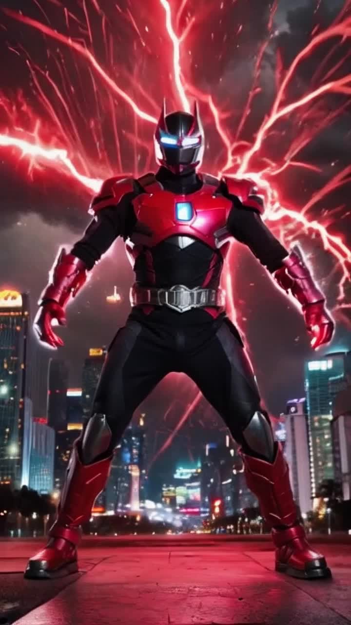 A powerful black man radiating strength wearing a sleek suit of armor shimmering in shades of red morphs into a formidable warrior known as the red shadow rider power ranger striking a dynamic pose Energy pulses around him glowing fiercely as he transitions from man to hero In a dystopian cityscape filled with towering skyscrapers neon lights flickering against dark stormy clouds bursts of lightning illuminate the scene creating an electrifying atmosphere filled with anticipation and excitement