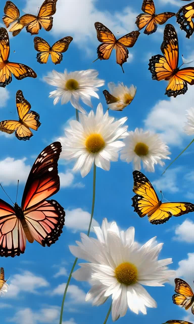 Multicolored butterflies with intricate patterns flutter gracefully through azure summer sky They dance in rhythmic patterns swirling and twirling in gentle breezes Sunlight sparkles on their wings creating a dazzling display of colors Fluffy white clouds drift lazily in the background enhancing the serenity of this enchanting scene Wildflowers bloom below swaying in harmony adding splashes of color to this vibrant tapestry of nature Bright rays of sunlight filter through leaves creating dappled shadows on the ground This magical moment captures the essence of summers beauty inviting viewers to bask in the wonder of natures artistry