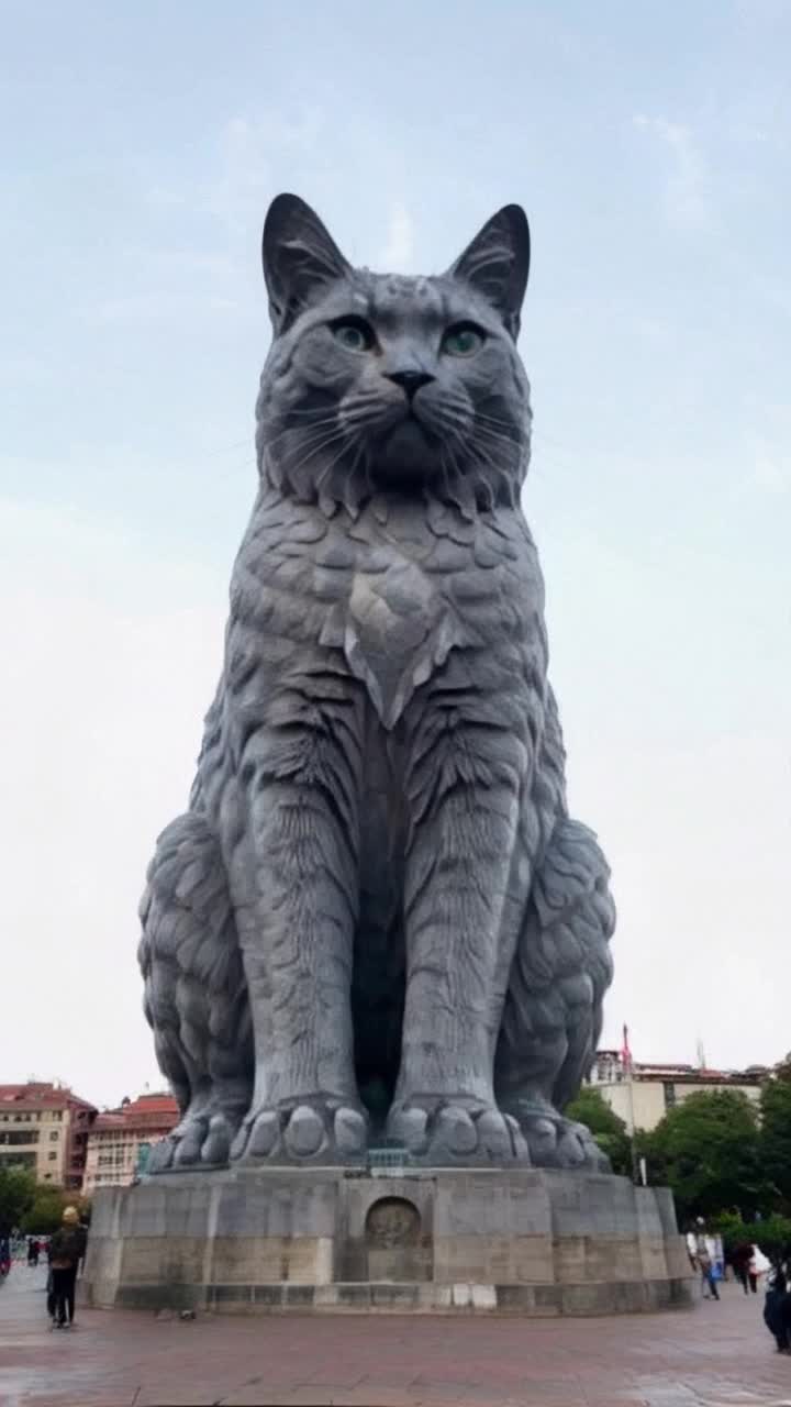 Giant 60 foot tall statue of large cat, watching the people on ground 