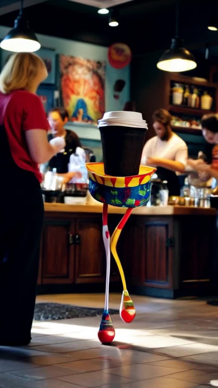 Quirky coffee cup with long legs wearing colorful bell bottoms twirls and grooves energetically tapping feet to upbeat music Bustling Starbucks filled with chatter and laughter vibrant baristas making drinks in the background Brightly lit space with eclectic decor and tantalizing aroma of freshly brewed coffee enhancing the lively atmosphere