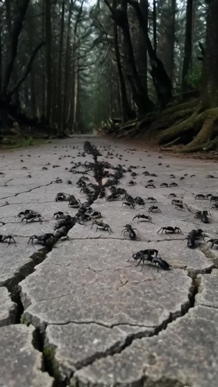 Swarming army of black ants racing in chaotic formation across cracked pavement  Frenzied movement as they scuttle and climb over each other creating a mesmerizing pattern  Dark shadowy forest looming in the background with twisted trees shrouded in mist