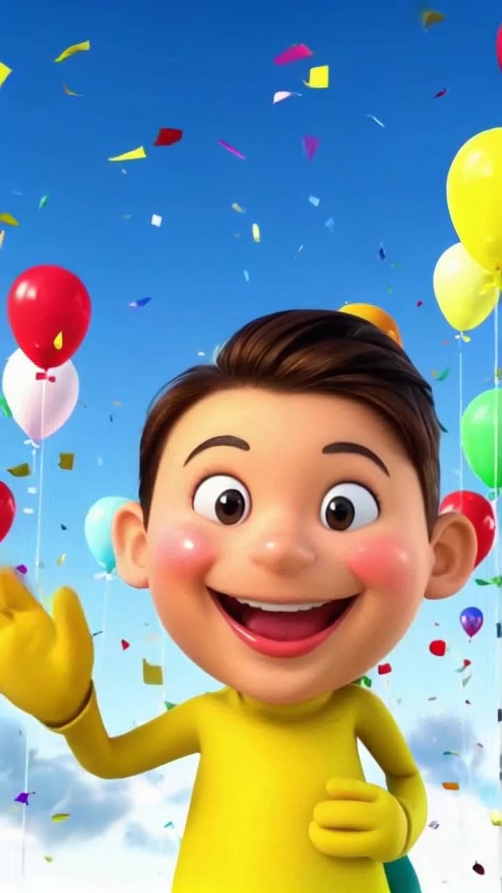 A vibrant animated character waves energetically with bright cheeks and sparkling eyes expressing joy greeting viewers with enthusiasm sparkling confetti swirls around setting a festive atmosphere with colorful balloons floating against a clear blue sky