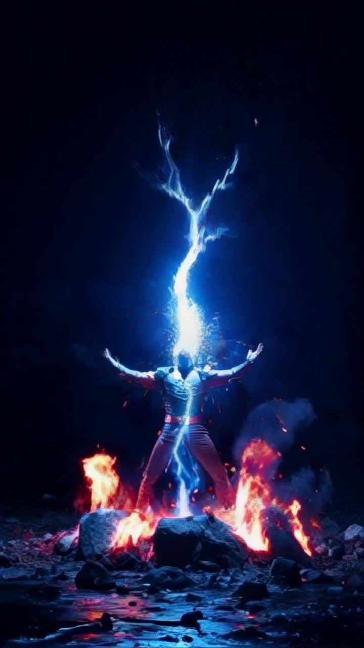 Glorious warrior surrounded by swirling dark demons illuminated by pulsating vibrant lights Boldly receives brilliant lightning bolt into his pineal crown igniting fierce transformation from atomic blue to blazing fiery red Effortlessly executes ancient martial arts with fluid precision while unleashing chaotic energy bursts Thunderous strikes shatter ground beneath him amidst billowing clouds of shadow and flickering embers as defeated enemies dissipate into mist