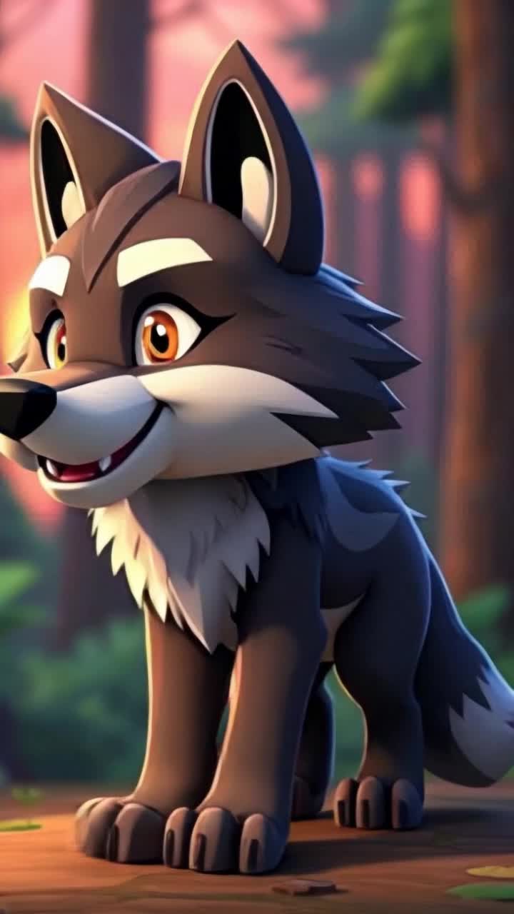 Majestic wolf with tritone fur blending seamlessly into lush green foliage agilely prowls along forest floor vibrant orange sunset illuminating the sky glimmering through treetops as soft shadows dance around startled creatures watching from hidden nooks golden rays casting enchanting hues on wolfs fur revealing playful smile showing sharp fangs in full body view energy radiating from character as it embodies the spirit of the wild enchanting atmosphere of a Minecraftinspired adventure inviting viewers into a world of training mythical beasts camaraderie calls of distant friends echoing through the tranquil woodlands mystical and inviting
