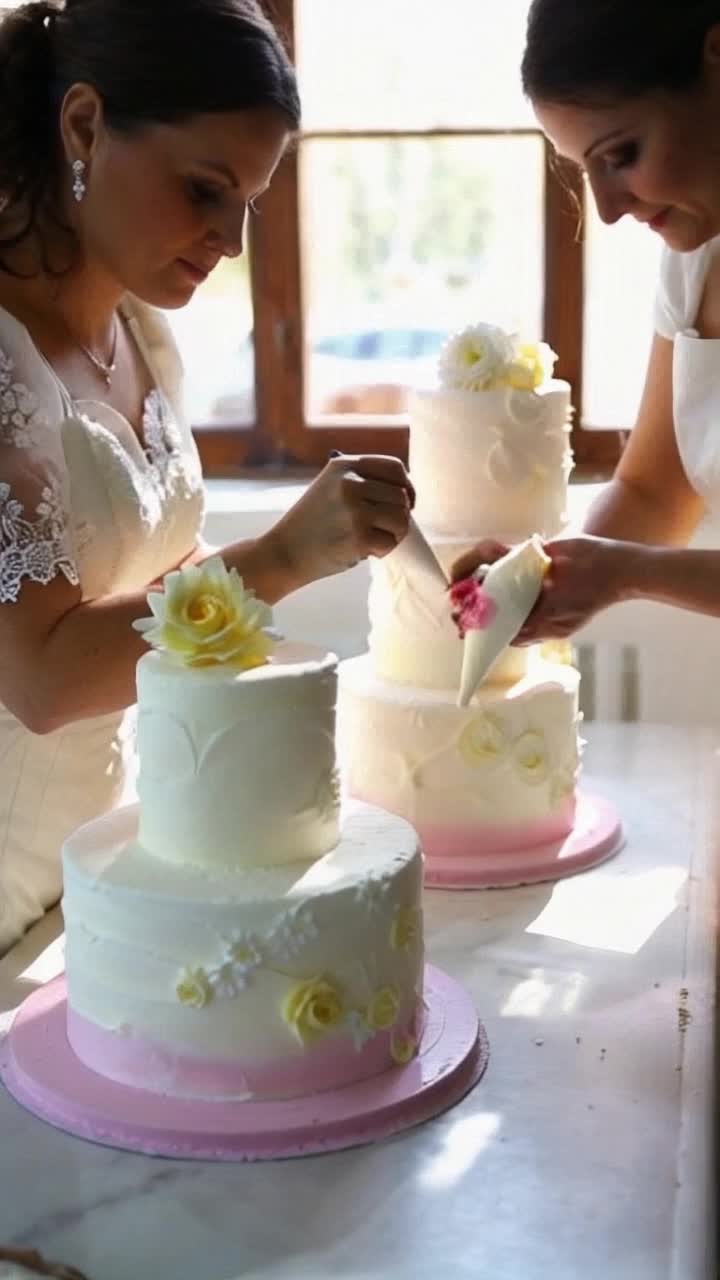 Wedding cake decorators skillfully create elaborate tiered masterpieces with luscious white icing vibrant with hints of sweetness Vibrant flowers twirling in the air adorn each cake as decorators add delicate swirls and intricate patterns Radiant sunlight streams through the window illuminating a cozy bakery filled with the aroma of vanilla and sugar Flourishes of color burst forth from edible decorations creating a symphony of artistry in this enchanting pastry haven