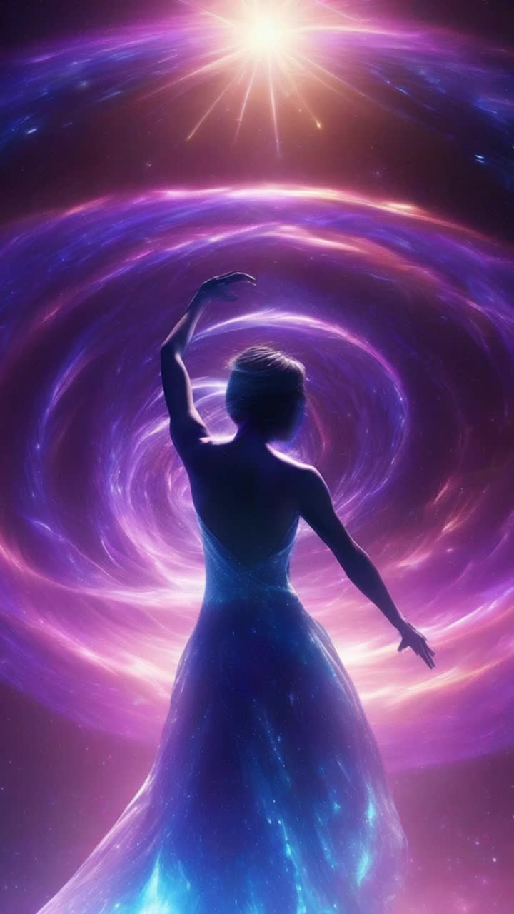 Ethereal figure surrounded by swirling energy waves radiating vibrant hues of blue and purple unleashing an immense display of power sending radiant beams spiraling outward illuminating cosmic dance of swirling galaxies shimmering crystals of distant stars twinkling against dark void of space creating a breathtaking celestial backdrop filled with vibrant nebulas and glowing planetary rings