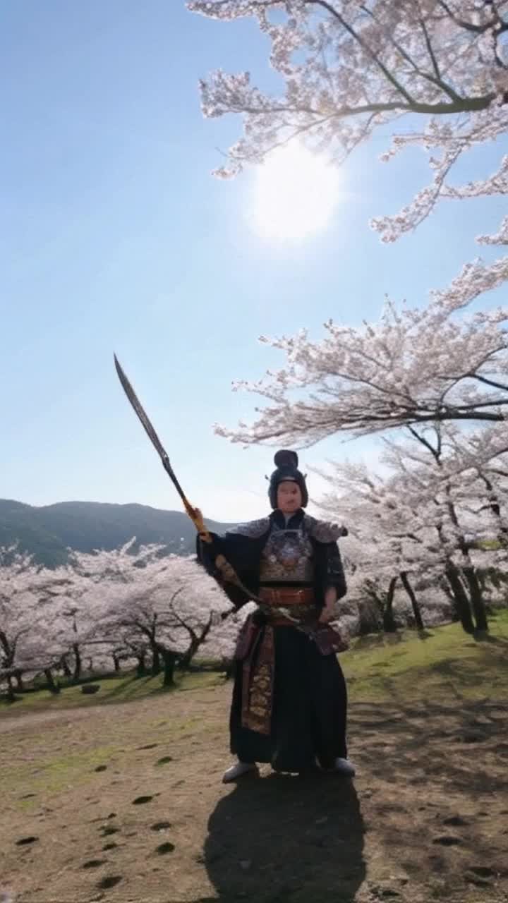 Graceful female samurai warrior  in ornate armor wielding a gleaming naginata with fierce precision demonstrating expert combat skills in an intense sparring session surrounded by ancient cherry blossom trees petals swirling in the air vibrant Japanese landscape glowing in the golden hour sunlight tranquil yet powerful atmosphere with distant mountains rising against a cerulean sky