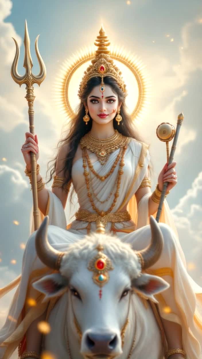 Sure, here is a script for a Mahagaurithemed reelReel Script Mahagauris RadianceReel Title Idea The Glow of Mahagauri  Mahagauri Pure and PowerfulMusic Use a spiritual and upbeat track, like a modern devotional bhajan dedicated to Goddess Durga or a rhythmic chantVideo Sequence  03 seconds Scene 1 Transition In    Visual Start with a shot of a simple, dark background A single, small white light or a blurry glow appears in the center and expands    Text on screen On the 8th day of Navaratri  37 seconds Scene 2 The Arrival    Visual The white light quickly transitions to a shot of a beautiful, clean, white space A subtle animation of a trident trishul and a damaru small drum can appear briefly    Text on screen we celebrate the divine Mahagauri  712 seconds Scene 3 Symbols of Purity    Visual The video shows closeups of pure white or silver objects a white peacock feather, a white lotus flower, a silver pot kalash, and a string of white jasmine flowers    Text on screen Symbol of purity, peace, and innocence  1216 seconds Scene 4 Inner Strength    Visual A person or an animated figure is meditating calmly, and a radiant white light emanates from their heart The light spreads, and the background changes to a sky with soft, white clouds    Text on screen She reminds us of the power within  1620 seconds Scene 5 Blessing    Visual The image of Goddess Mahagauri appears She is depicted as radiant and serene, dressed in white or lightcolored garments, and riding a white bull Vrishabha    Text on screen May her blessings bring peace and prosperity  2025 seconds Scene 6 Call to Action  Conclusion    Visual A quick montage of devotional actions a person lighting a diya lamp, hands clasped in prayer, and a final shot of a beautifully decorated temple altar    Text on screen Happy Ashtami Jai Mahagauri    CaptionDescription Add a heartfelt message in the caption, perhaps including a short prayer or a description of Mahagauris significance You can also ask a question to encourage engagement, like What are you grateful for on this dayThis script is designed to be visually appealing and convey the key aspects of Mahagauris significancepurity, peace, and inner strengthin a short, engaging format suitable for a reel You can use your own photos, videos, or even stock footage to create this