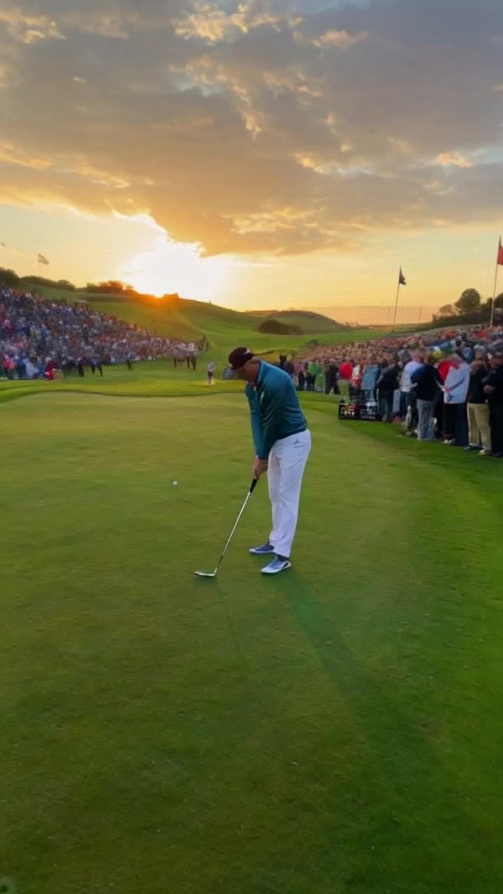 Determined golfer in bright colored attire standing confidently on the 18th green raising putter triumphantly above head intense focus radiating from his eyes fist pumping celebrating victory electric atmosphere teammates rushing in with joyous smiles enthusiasm contagious all around breathtaking sunset casting golden hues over lush fairway vibrant crowd cheering wildly surrounding green elevated hillside dotted with flags fluttering in the breeze exhilarating moment captured forever