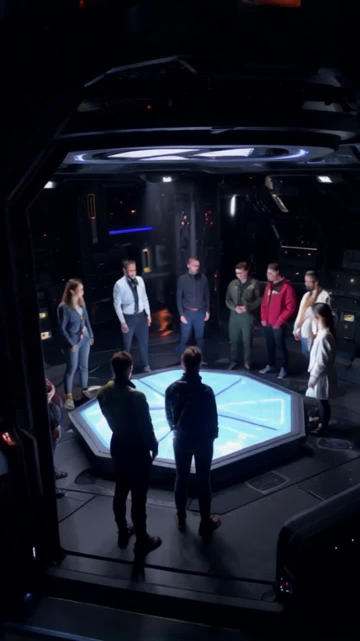 Colorful crewmates with distinct accessories scheme and strategize Huddled around a holographic game console as tensions rise Dark, dimly lit spaceship interior with flickering lights and mysterious shadows looming in every corner Plans whispered in urgent tones echo against cold metal walls