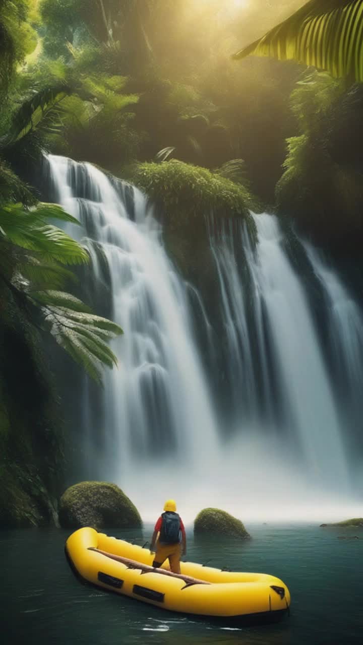 A beautiful waterfall in the rainforest with a yellow raft falling down the waterfall  