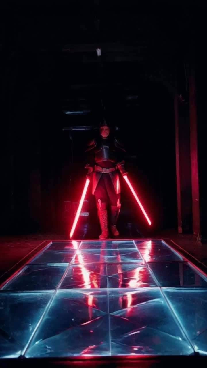 Mysterious figure cloaked in dark armor illuminated by a striking red lightsaber Majestic stride reflects powerful presence as shadowy silhouette moves Glowing glass floor radiates ethereal light casting dramatic reflections transforming surroundings into a captivating realm of intrigue